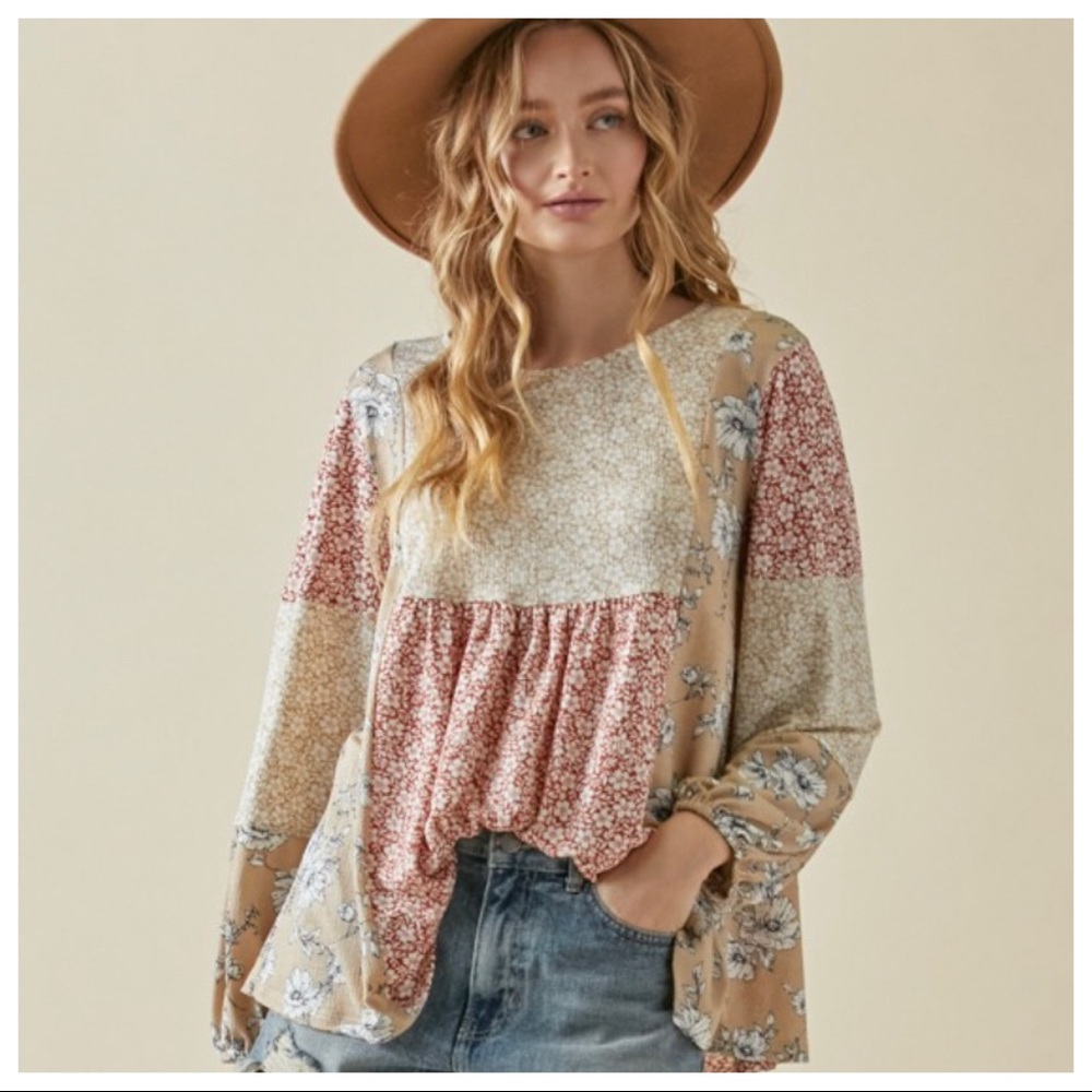 Long Sleeves Color Block Boho Chic Floral Top - Picture 5 of 8